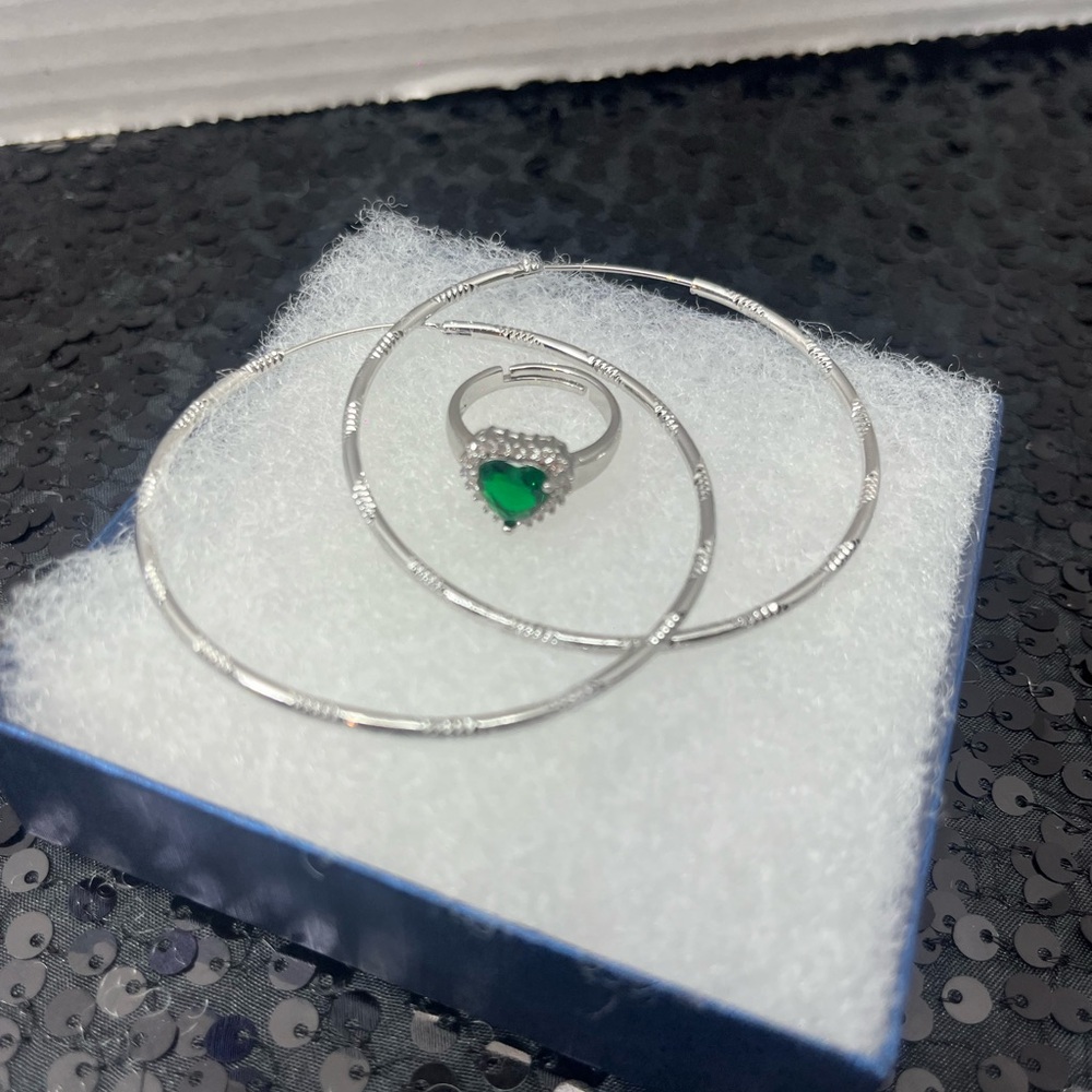 Set of Arracadas and adjustable ring with heart stone. New White Laminated Gold - Picture 2 of 4